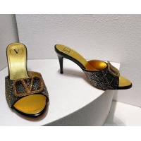 Classic Hot Valentino VLogo Heel Slides Sandal 8cm in Toile Iconographe Strass Gold/Black 612069