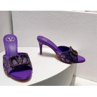 Duplicate Valentino VLogo Heel Slides Sandal 8cm in Toile Iconographe Strass Purple 612071