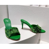 Perfect Valentino VLogo Heel Slides Sandal 8cm in Toile Iconographe Strass Green/Dark 612072