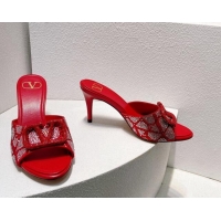 Pretty Style Valentino VLogo Heel Slides Sandal 8cm in Toile Iconographe Strass Red/Silver 612074