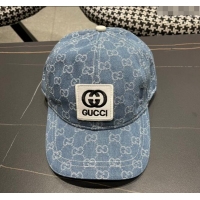 Luxury Cheap Gucci GG Denim Baseball Hat with Logo Patch 040301 Light Blue 2024