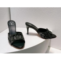 Best Grade Valentino VLogo Heel Slides Sandal 8cm in Toile Iconographe Strass Black/Green 612077