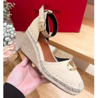 Grade Quality Valentino The Bold Edition VLogo Espadrille Wedge Pumps in Grained Calfskin Beige 612078