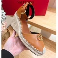 Charming Valentino The Bold Edition VLogo Espadrille Wedge Pumps in Grained Calfskin Brown 612079