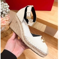 Buy Discount Valentino The Bold Edition VLogo Espadrille Wedge Pumps in Grained Calfskin White 612080