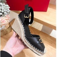 Best Price Valentino The Bold Edition VLogo Espadrille Wedge Pumps in Grained Calfskin Black 612081