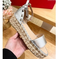 Good Quality Valentino Rockstud Espadrille Platform Sandals in Grained Calfskin Silver 612083