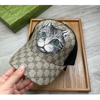 Modern Classic Gucci GG Canvas Baseball Hat with Cat Print 0403 Beige 2024