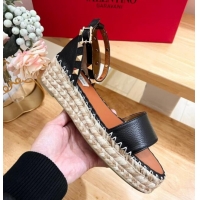 Unique Style Valentino Rockstud Espadrille Platform Sandals in Grained Calfskin Black 612085