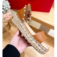 Best Grade Valentino Rockstud Espadrille Platform Sandals in Grained Calfskin Brown 612084