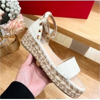 Best Product Valentino Rockstud Espadrille Platform Sandals in Grained Calfskin White 612086