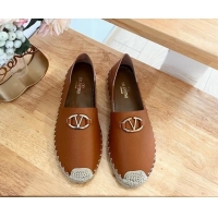 Best Price Valentino The Bold Edition VLogo Espadrilles Flats in Grained Calfskin Brown 612089