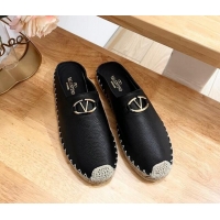 Pretty Style Valentino The Bold Edition VLogo Espadrille Flat Mules in Grained Calfskin Black 612094