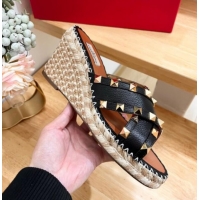 Duplicate Valentino Rockstud Espadrille Wedge Slides Sandal in Grained Calfskin Black 612098