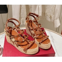 Good Quality Valentino Rockstud Ankle Strap Wedge Sandals 10cm in Calfskin Brown 612105