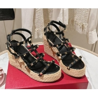 Most Popular Valentino Rockstud Ankle Strap Wedge Sandals 10cm in Calfskin Black 612106