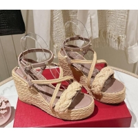 Good Looking Valentino Rockstud Ankle Strap Wedge Sandals 10cm in Calfskin and Straw-Like Pink 612108