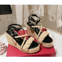 Good Quality Valentino Rockstud Ankle Strap Wedge Sandals 10cm in Calfskin and Straw-Like Black 612109