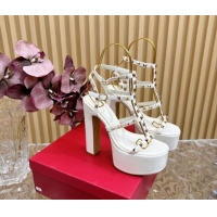 Best Grade Valentino Rockstud Ankle Strap Platform Sandals 15.5cm in Patent Calfskin White 612114