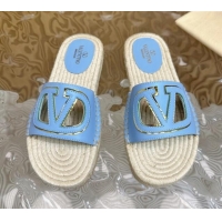 Top Grade Valentino VLogo Cut-out Espadrille Flat Slides Sandal in Calfskin Light Blue 612114