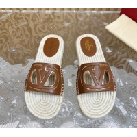 Good Looking Valentino VLogo Cut-out Espadrille Flat Slides Sandal in Calfskin Brown 612117