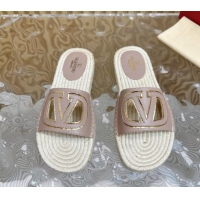 Top Design Valentino VLogo Cut-out Espadrille Flat Slides Sandal in Calfskin Light Pink 612118