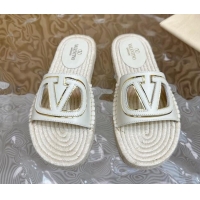 Good Product Valentino VLogo Cut-out Espadrille Flat Slides Sandal in Calfskin White 612119