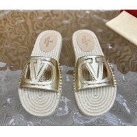 Best Price Valentino VLogo Cut-out Espadrille Flat Slides Sandal in Calfskin Gold 612122