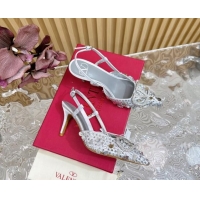 Purchase Valentino VLogo Slingback Pumps 8cm in Satin with Sequins and Strass Silver 612123