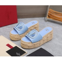 Grade Quality Valentino VLogo Cut-out Wedge Sandals 8.5cm in Calfskin and Rope Light Blue 612127