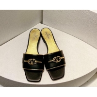 Low Cost Valentino The Bold Edition VLogo Flat Slides Sandal in Calfskin Black/Gold 612182