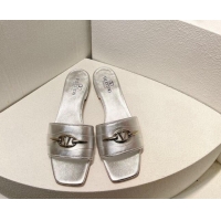 Shop Duplicate Valentino The Bold Edition VLogo Flat Slides Sandal in Calfskin Silver 612185