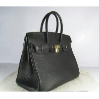 Hermes Birkin 35cm Embossed Veins Leather Bag Black 6089 Gold Hardware