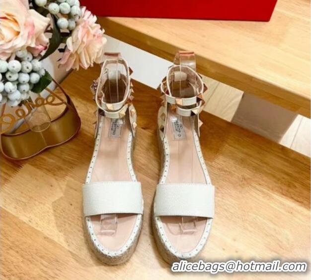 Pretty Style Valentino Rockstud Grainy Calfskin Platform Espadrille Sandals White 725019