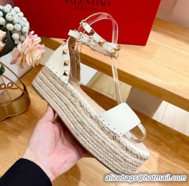 Pretty Style Valentino Rockstud Grainy Calfskin Platform Espadrille Sandals White 725019