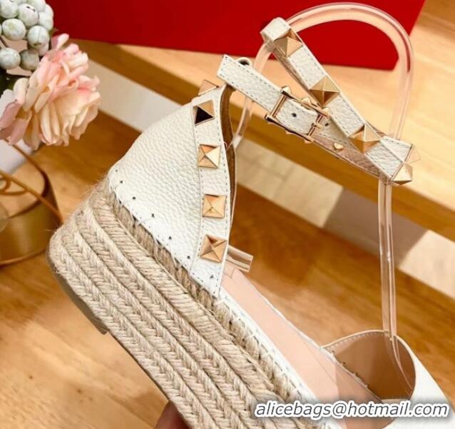 Pretty Style Valentino Rockstud Grainy Calfskin Platform Espadrille Sandals White 725019