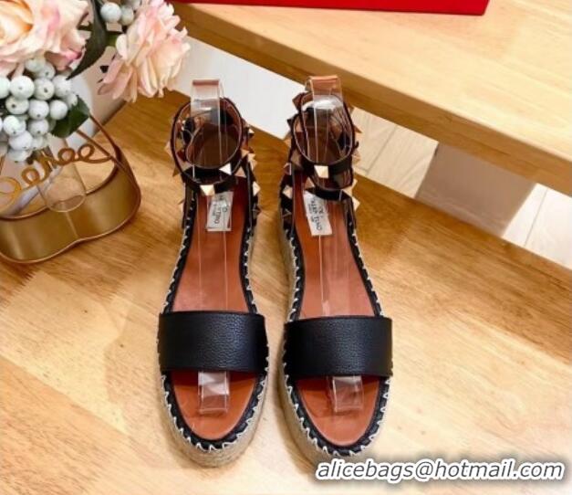 Best Grade Valentino Rockstud Grainy Calfskin Platform Espadrille Sandals Black 725020