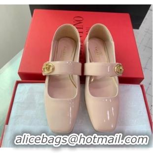 Stylish Valentino VLogo Locker Mary-Jane Calfskin Ballerinas Flat Nude Pink 725026