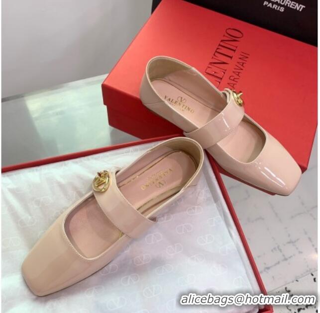 Stylish Valentino VLogo Locker Mary-Jane Calfskin Ballerinas Flat Nude Pink 725026