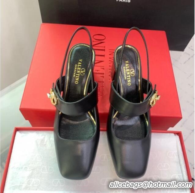 Duplicate Valentino VLogo Locker Mary-Janes Slingback Pumps 6cm in Calfskin Black 725027