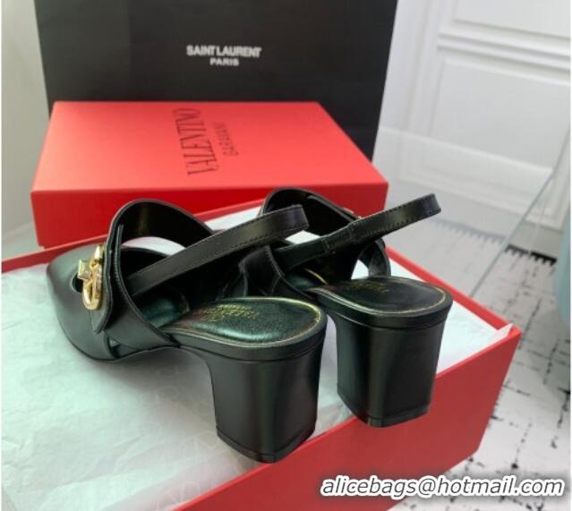 Duplicate Valentino VLogo Locker Mary-Janes Slingback Pumps 6cm in Calfskin Black 725027