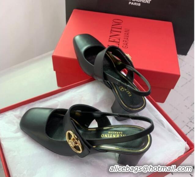 Duplicate Valentino VLogo Locker Mary-Janes Slingback Pumps 6cm in Calfskin Black 725027