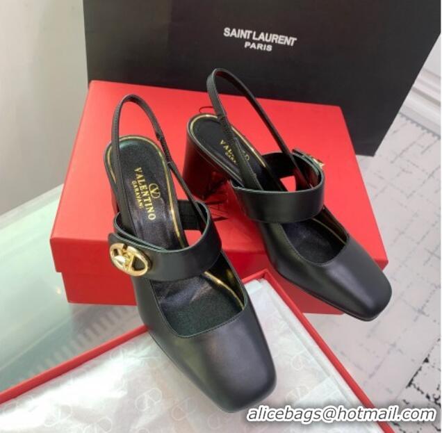 Duplicate Valentino VLogo Locker Mary-Janes Slingback Pumps 6cm in Calfskin Black 725027