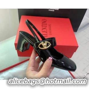 Hot Style Valentino VLogo Locker Mary-Janes Slingback Pumps 6cm in Patent Leather Black 725030