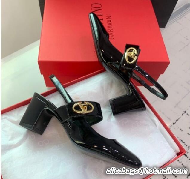 Hot Style Valentino VLogo Locker Mary-Janes Slingback Pumps 6cm in Patent Leather Black 725030