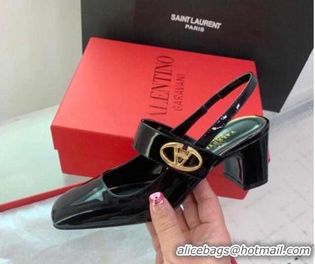 Hot Style Valentino VLogo Locker Mary-Janes Slingback Pumps 6cm in Patent Leather Black 725030