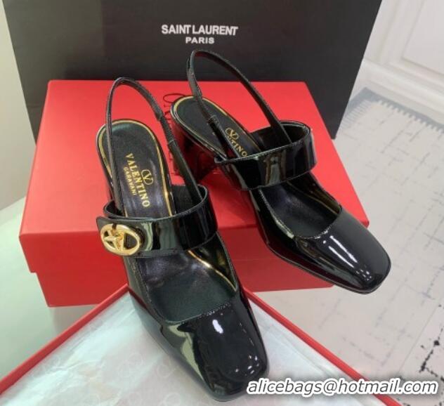 Hot Style Valentino VLogo Locker Mary-Janes Slingback Pumps 6cm in Patent Leather Black 725030