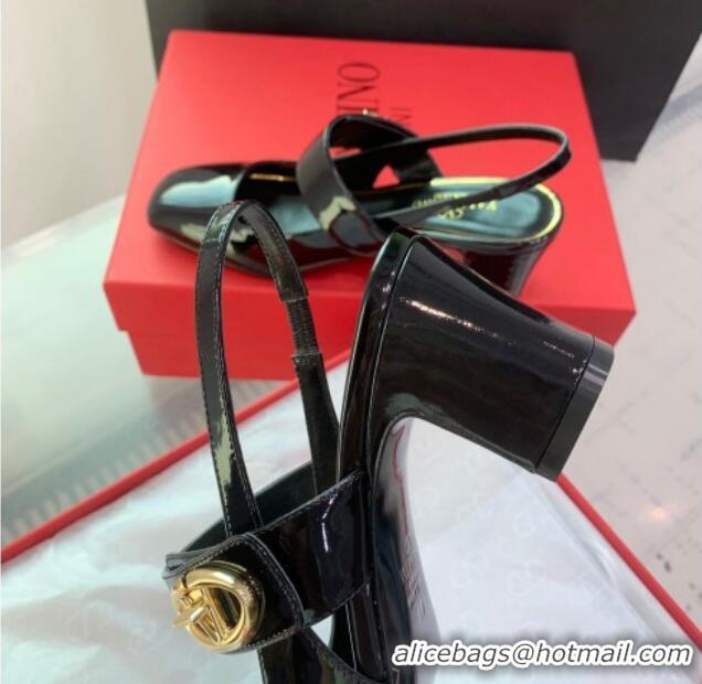 Hot Style Valentino VLogo Locker Mary-Janes Slingback Pumps 6cm in Patent Leather Black 725030