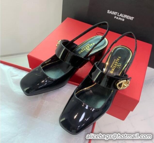 Hot Style Valentino VLogo Locker Mary-Janes Slingback Pumps 6cm in Patent Leather Black 725030