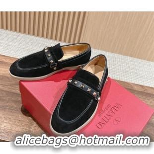 Grade Quality Valentino Leisure Flows Rockstud Loafers in Suede Black 812132